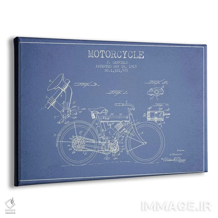 تابلو طرح اختراع موتورسیکلت جی. کانفیلد (آبی روشن) اثر پیکسل کهنه (استودیو/نام هنری) - نمای پرسپکتیو محصول