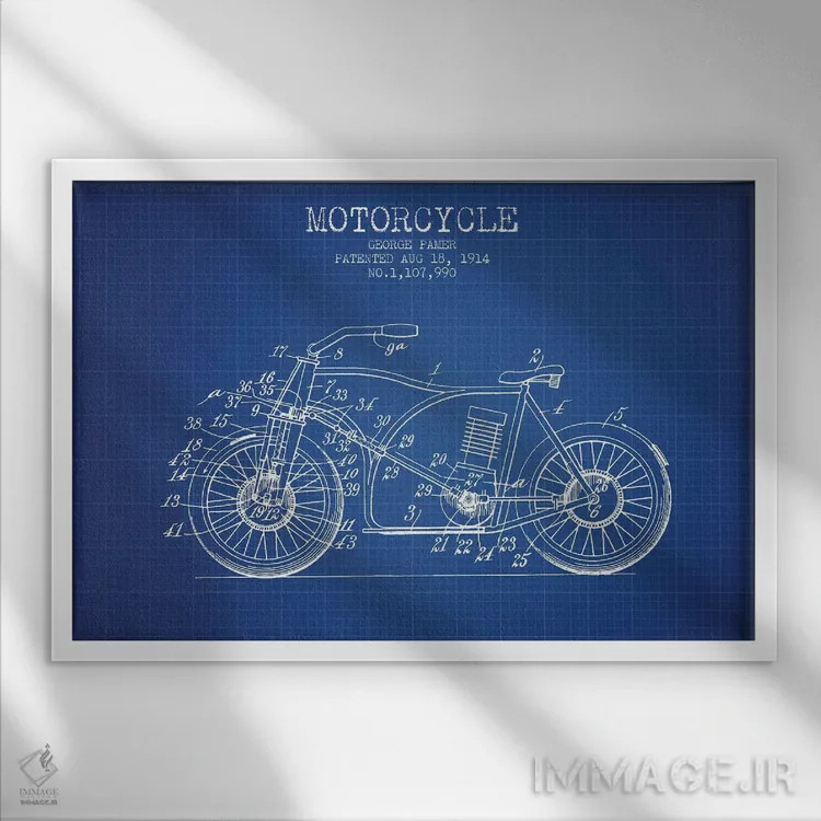 تابلو طرح اختراع موتورسیکلت جورج پامر (شبکه آبی) اثر پیکسل کهنه (استودیو/نام هنری) - نمای قابدار سفید