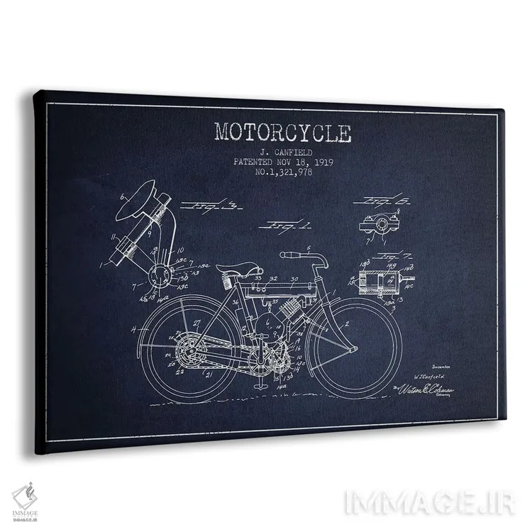 تابلو طرح اختراع موتورسیکلت جی. کانفیلد (آبی سیر) اثر پیکسل کهنه (استودیو/نام هنری) - نمای پرسپکتیو محصول