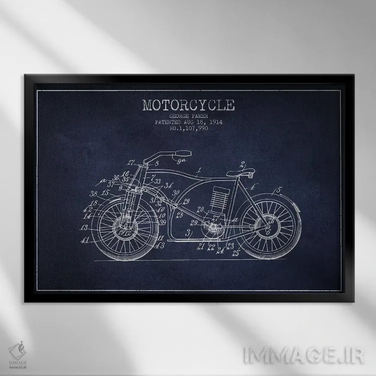 تابلو طرح اختراع موتورسیکلت جورج پامر (آبی سیر) اثر پیکسل کهنه (استودیو/نام هنری) - نمای قابدار مشکی