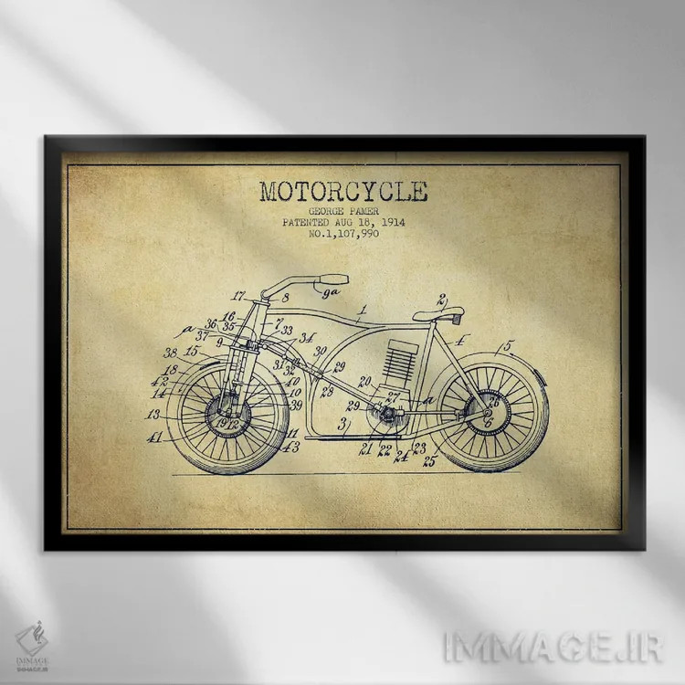 تابلو طرح قدیمی اختراع موتورسیکلت جورج پامر اثر پیکسل کهنه (استودیو/نام هنری) - نمای قابدار مشکی