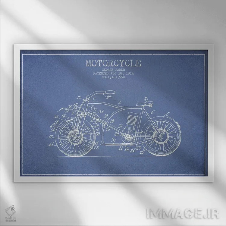 تابلو طرح اختراع موتورسیکلت جورج پامر (آبی روشن) اثر پیکسل کهنه (استودیو/نام هنری) - نمای قابدار سفید