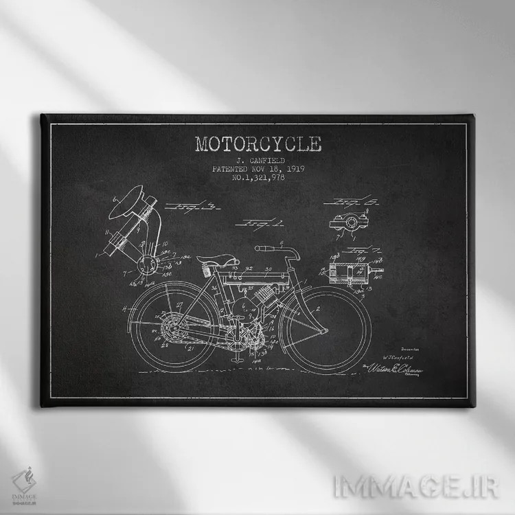تابلو طرح اختراع موتورسیکلت جی. کانفیلد (زغالسنگی) اثر پیکسل کهنه (استودیو/نام هنری) - نمای روبهرو روی دیوار