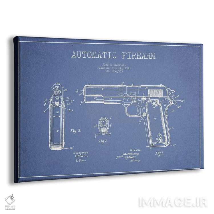 تابلو طرح پتنت اسلحه خودکار جی.ام. براونینگ (آبی روشن) اثر پیکسل کهنه (استودیو/نام هنری) - نمای پرسپکتیو محصول