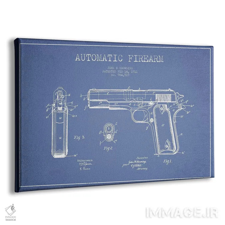 تابلو طرح پتنت اسلحه خودکار جی.ام. براونینگ (آبی روشن) اثر پیکسل کهنه (استودیو/نام هنری) - نمای پرسپکتیو محصول