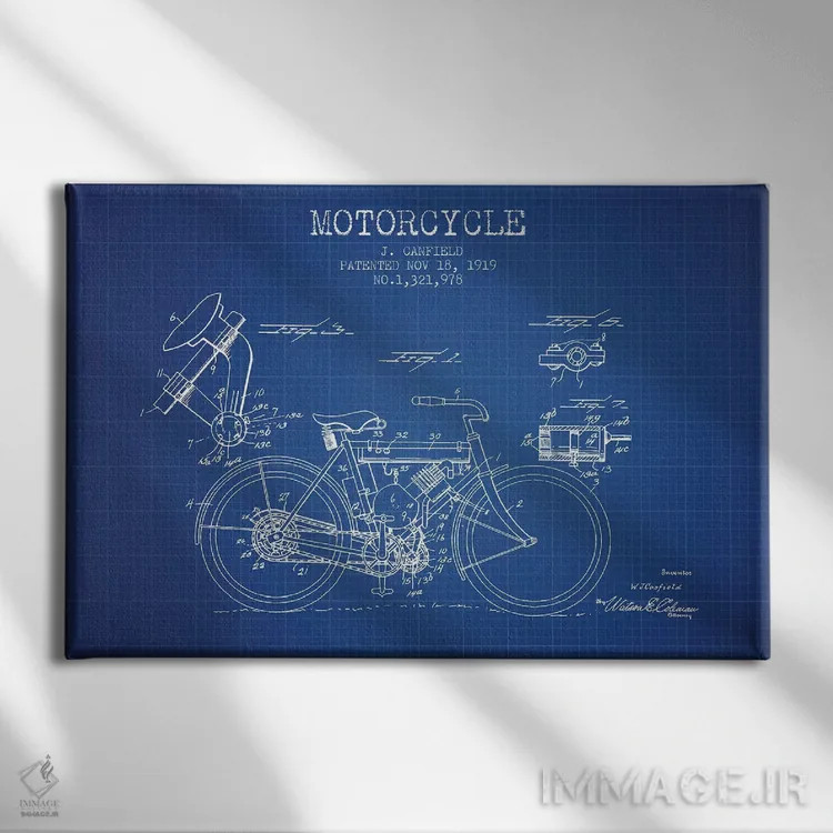 تابلو طرح اختراع موتورسیکلت جی. کانفیلد (شبکه آبی) اثر پیکسل کهنه (استودیو/نام هنری) - نمای روبهرو روی دیوار