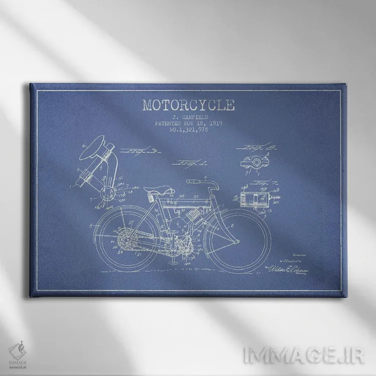 تابلو طرح اختراع موتورسیکلت جی. کانفیلد (آبی روشن) اثر پیکسل کهنه (استودیو/نام هنری) - نمای روبهرو روی دیوار