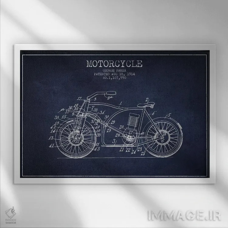 تابلو طرح اختراع موتورسیکلت جورج پامر (آبی سیر) اثر پیکسل کهنه (استودیو/نام هنری) - نمای قابدار سفید