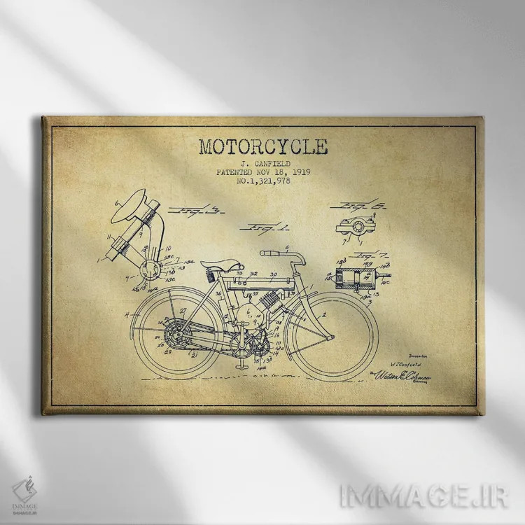 تابلو طرح قدیمی اختراع موتورسیکلت جی. کانفیلد اثر پیکسل کهنه (استودیو/نام هنری) - نمای روبهرو روی دیوار