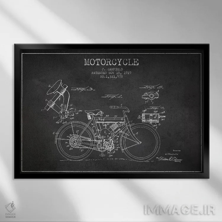 تابلو طرح اختراع موتورسیکلت جی. کانفیلد (زغالسنگی) اثر پیکسل کهنه (استودیو/نام هنری) - نمای قابدار مشکی