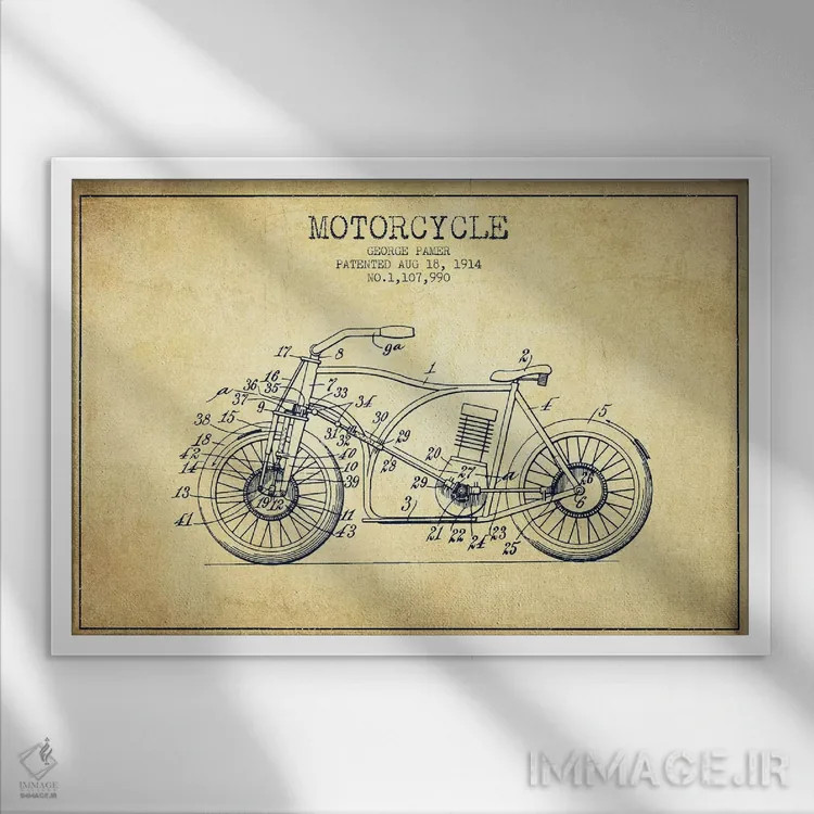 تابلو طرح قدیمی اختراع موتورسیکلت جورج پامر اثر پیکسل کهنه (استودیو/نام هنری) - نمای قابدار سفید