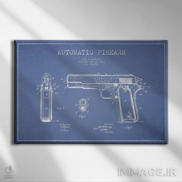 تابلو طرح پتنت اسلحه خودکار جی.ام. براونینگ (آبی روشن) اثر پیکسل کهنه (استودیو/نام هنری) - نمای روبهرو روی دیوار