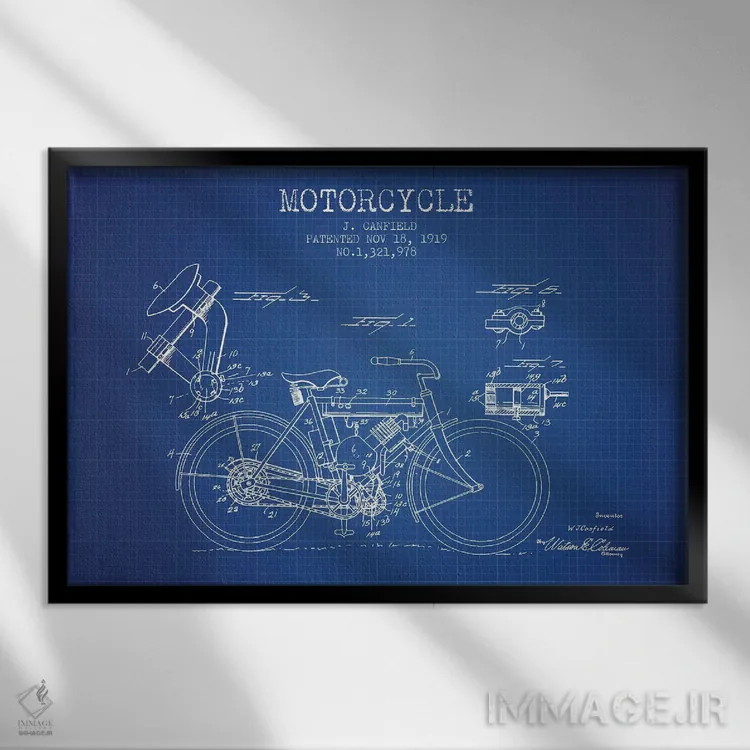 تابلو طرح اختراع موتورسیکلت جی. کانفیلد (شبکه آبی) اثر پیکسل کهنه (استودیو/نام هنری) - نمای قابدار مشکی