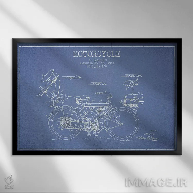 تابلو طرح اختراع موتورسیکلت جی. کانفیلد (آبی روشن) اثر پیکسل کهنه (استودیو/نام هنری) - نمای قابدار مشکی