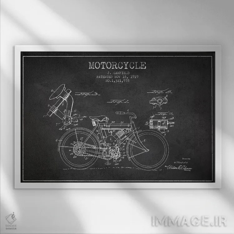 تابلو طرح اختراع موتورسیکلت جی. کانفیلد (زغالسنگی) اثر پیکسل کهنه (استودیو/نام هنری) - نمای قابدار سفید