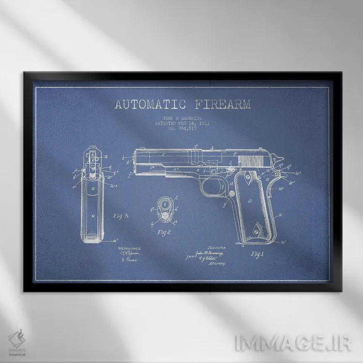 تابلو طرح پتنت اسلحه خودکار جی.ام. براونینگ (آبی روشن) اثر پیکسل کهنه (استودیو/نام هنری) - نمای قابدار مشکی