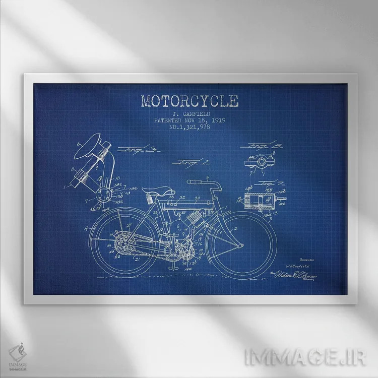 تابلو طرح اختراع موتورسیکلت جی. کانفیلد (شبکه آبی) اثر پیکسل کهنه (استودیو/نام هنری) - نمای قابدار سفید