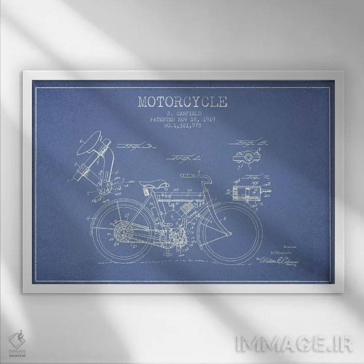 تابلو طرح اختراع موتورسیکلت جی. کانفیلد (آبی روشن) اثر پیکسل کهنه (استودیو/نام هنری) - نمای قابدار سفید