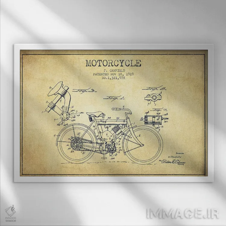 تابلو طرح قدیمی اختراع موتورسیکلت جی. کانفیلد اثر پیکسل کهنه (استودیو/نام هنری) - نمای قابدار سفید