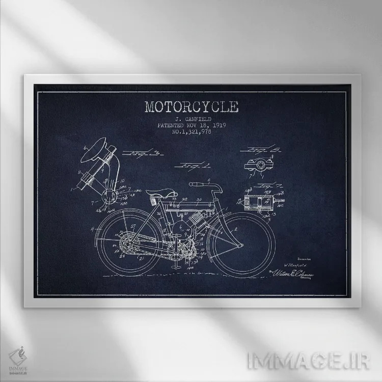 تابلو طرح اختراع موتورسیکلت جی. کانفیلد (آبی سیر) اثر پیکسل کهنه (استودیو/نام هنری) - نمای قابدار سفید