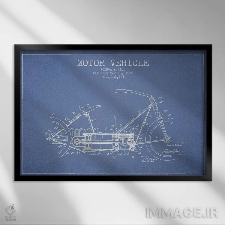 تابلو طرح پتنت وسیله نقلیه موتوری جوشوا ای. هیل (آبی روشن) اثر پیکسل کهنه (استودیو/نام هنری) - نمای قابدار مشکی