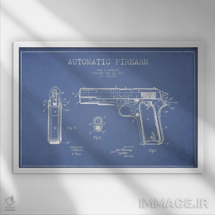 تابلو طرح پتنت اسلحه خودکار جی.ام. براونینگ (آبی روشن) اثر پیکسل کهنه (استودیو/نام هنری) - نمای قابدار سفید