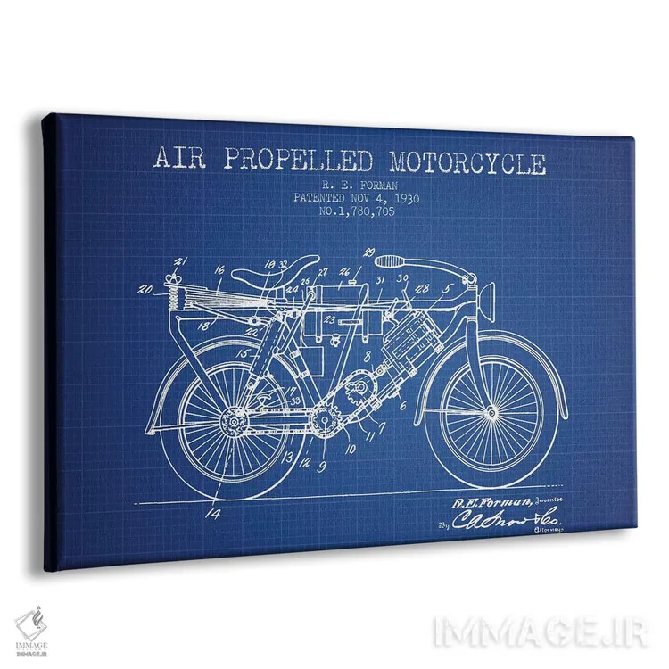تابلو طرح پتنت موتورسیکلت با پیشران هوا آر.ای. فورمن (شبکه آبی) اثر پیکسل کهنه (استودیو/نام هنری) - نمای پرسپکتیو محصول