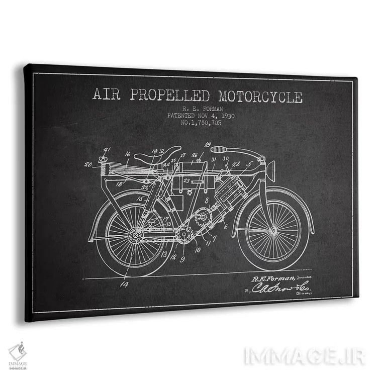 تابلو طرح پتنت موتورسیکلت با پیشران هوا آر.ای. فورمن (زغالسنگی) اثر پیکسل کهنه (استودیو/نام هنری) - نمای پرسپکتیو محصول