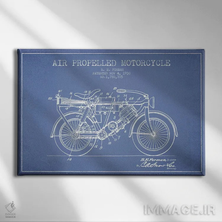 تابلو طرح پتنت موتورسیکلت با پیشران هوا آر.ای. فورمن (آبی روشن) اثر پیکسل کهنه (استودیو/نام هنری) - نمای روبهرو روی دیوار