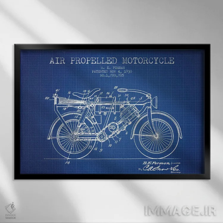 تابلو طرح پتنت موتورسیکلت با پیشران هوا آر.ای. فورمن (شبکه آبی) اثر پیکسل کهنه (استودیو/نام هنری) - نمای قابدار مشکی