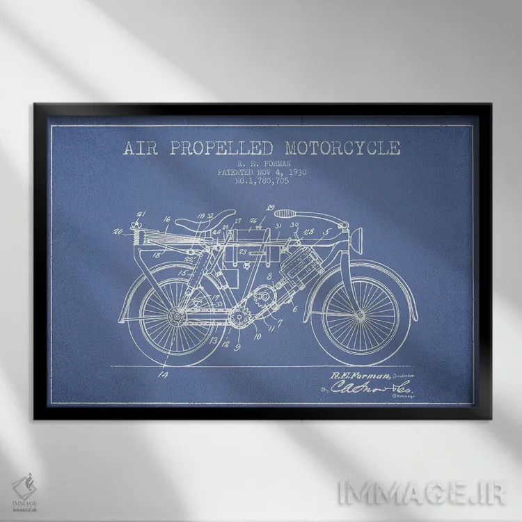 تابلو طرح پتنت موتورسیکلت با پیشران هوا آر.ای. فورمن (آبی روشن) اثر پیکسل کهنه (استودیو/نام هنری) - نمای قابدار مشکی