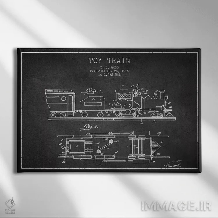 تابلو طرح پتنت قطار اسباببازی تی.ال. وود (زغالسنگی) اثر پیکسل کهنه (استودیو/نام هنری) - نمای روبهرو روی دیوار