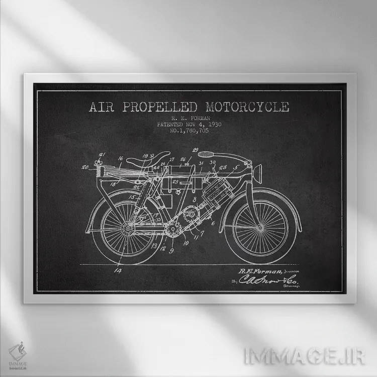 تابلو طرح پتنت موتورسیکلت با پیشران هوا آر.ای. فورمن (زغالسنگی) اثر پیکسل کهنه (استودیو/نام هنری) - نمای قابدار سفید