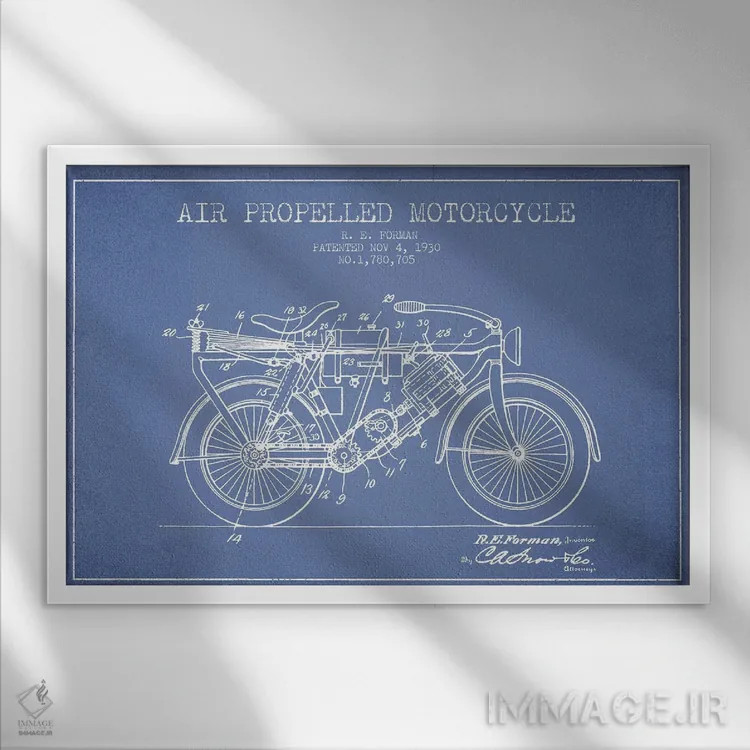تابلو طرح پتنت موتورسیکلت با پیشران هوا آر.ای. فورمن (آبی روشن) اثر پیکسل کهنه (استودیو/نام هنری) - نمای قابدار سفید