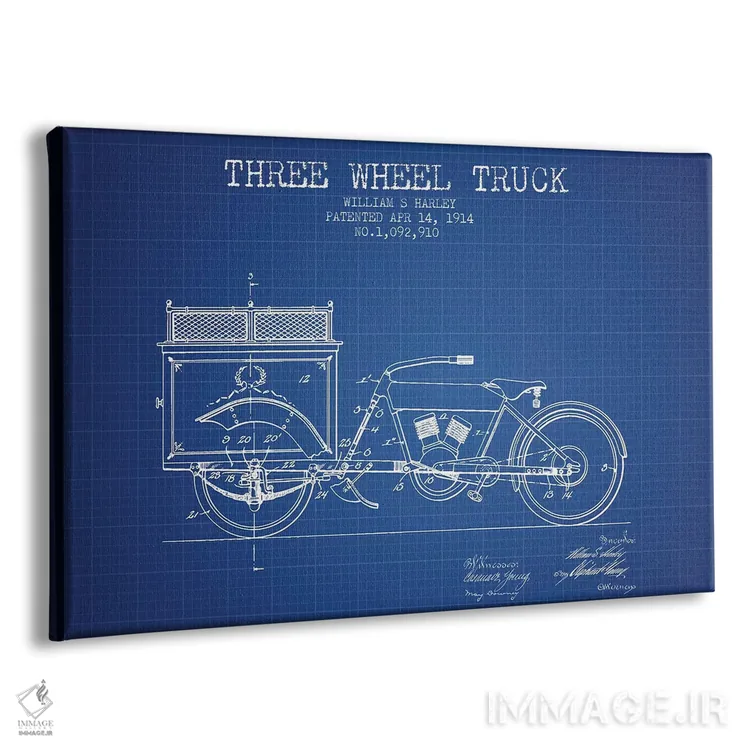 تابلو طرح ثبت اختراع کامیون سهچرخ، اثر William S. Harley (شبکهٔ آبی) اثر پیکسل کهنه (استودیو/نام هنری) - نمای پرسپکتیو محصول