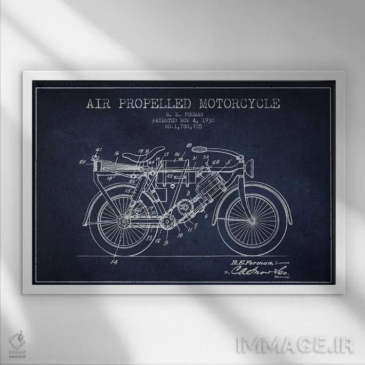 تابلو طرح پتنت موتورسیکلت با پیشران هوا آر.ای. فورمن (سورمهای) اثر پیکسل کهنه (استودیو/نام هنری) - نمای قابدار سفید