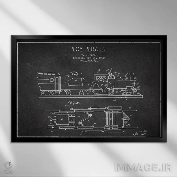 تابلو طرح پتنت قطار اسباببازی تی.ال. وود (زغالسنگی) اثر پیکسل کهنه (استودیو/نام هنری) - نمای قابدار مشکی