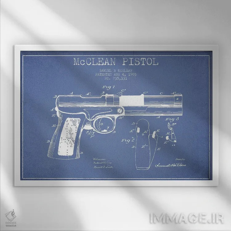 تابلو طرح پتنت تپانچه مککلین ساموئل ان. مککلین (آبی روشن) اثر پیکسل کهنه (استودیو/نام هنری) - نمای قابدار سفید