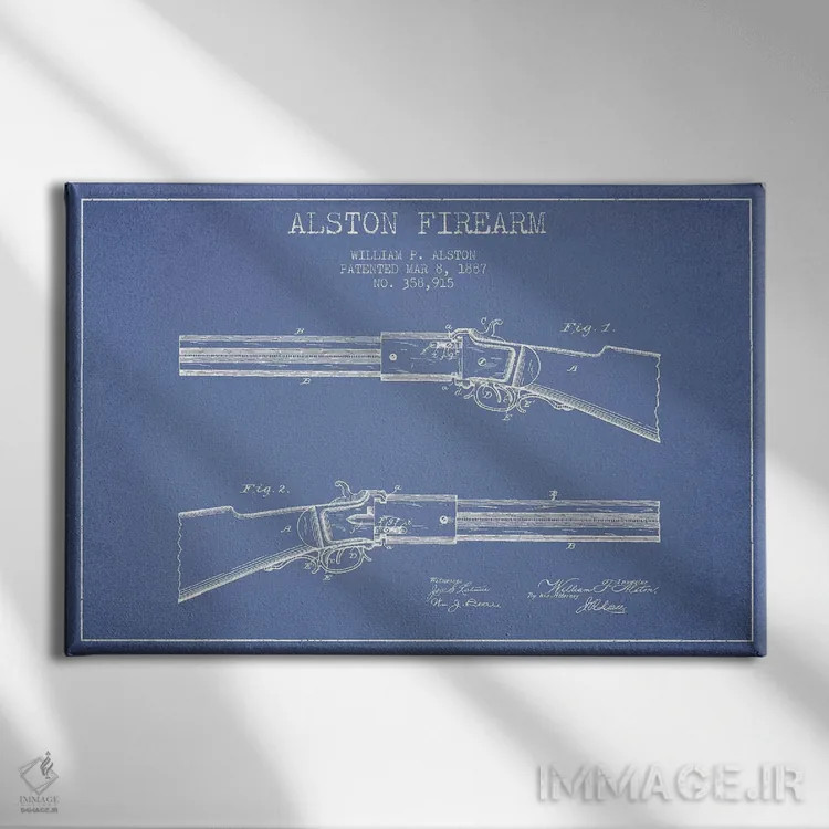 تابلو طرح ثبت اختراع اسلحه، اثر William P. Alston (آبی روشن) اثر پیکسل کهنه (استودیو/نام هنری) - نمای روبهرو روی دیوار