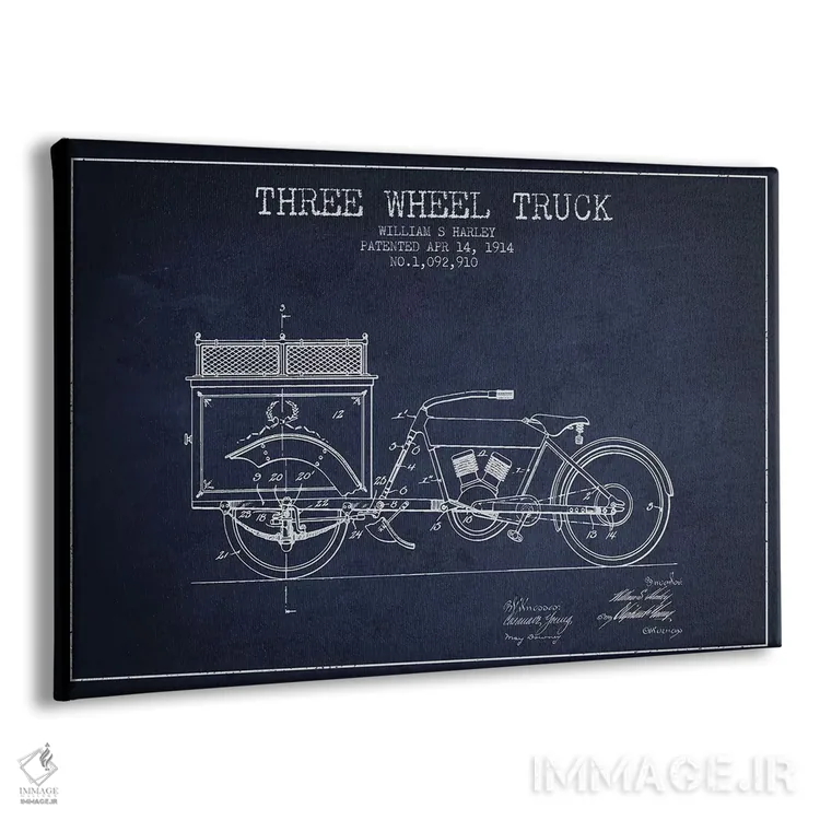 تابلو طرح ثبت اختراع کامیون سهچرخ، اثر William S. Harley (آبی نفتی) اثر پیکسل کهنه (استودیو/نام هنری) - نمای پرسپکتیو محصول
