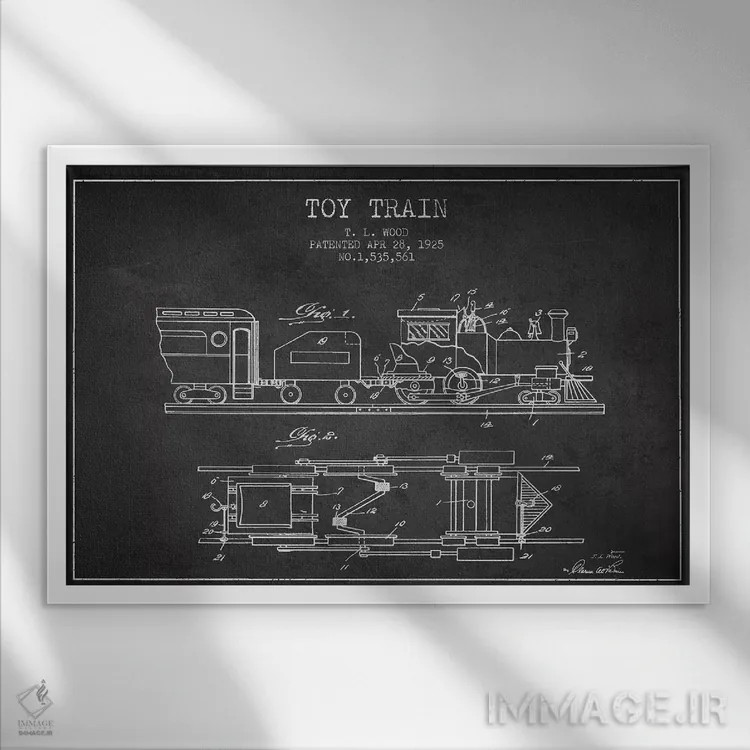 تابلو طرح پتنت قطار اسباببازی تی.ال. وود (زغالسنگی) اثر پیکسل کهنه (استودیو/نام هنری) - نمای قابدار سفید