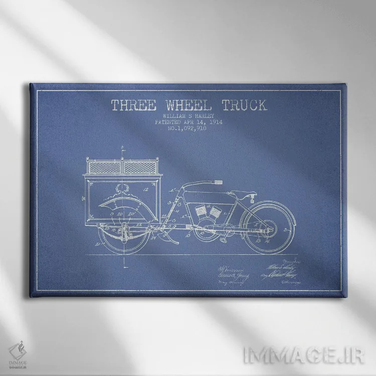 تابلو طرح ثبت اختراع کامیون سهچرخ، اثر William S. Harley (آبی روشن) اثر پیکسل کهنه (استودیو/نام هنری) - نمای روبهرو روی دیوار