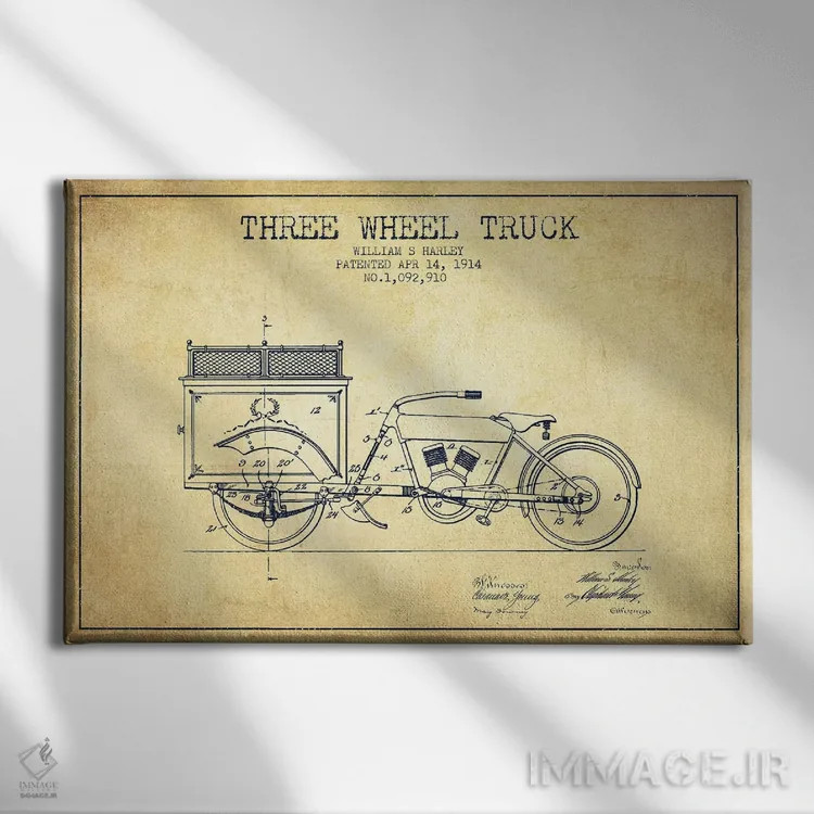 تابلو طرح ثبت اختراع کامیون سهچرخ، اثر William S. Harley (وینتیج/کلاسیک) اثر پیکسل کهنه (استودیو/نام هنری) - نمای روبهرو روی دیوار