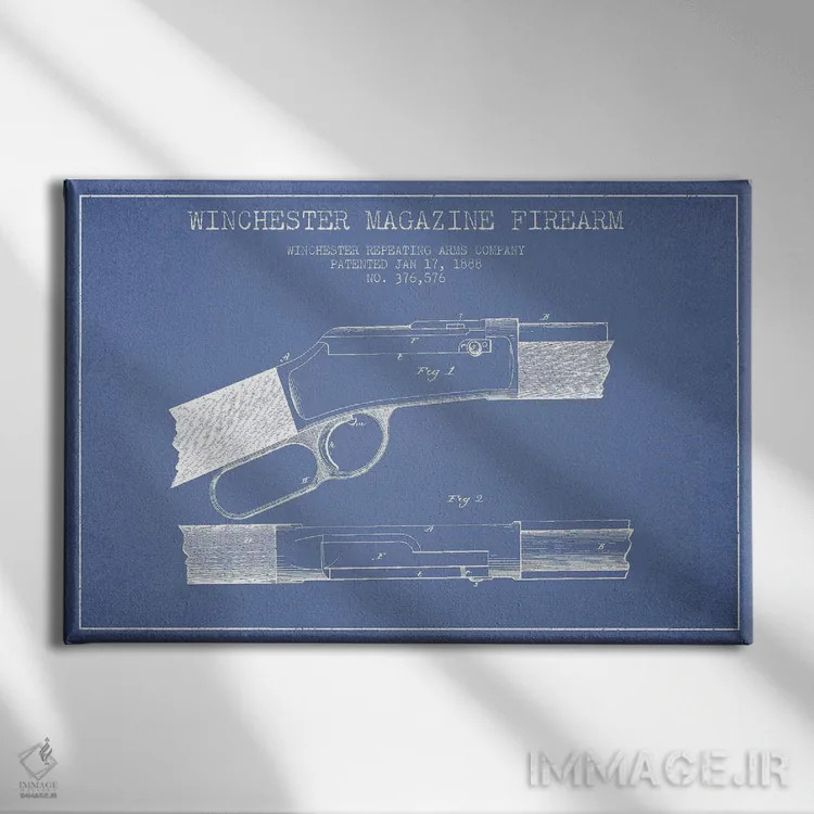 تابلو طرح ثبت اختراع اسلحه با خشاب ویندچستر، شرکت Winchester Repeating Arms (آبی روشن) II اثر پیکسل کهنه (استودیو/نام هنری) - نمای روبهرو روی دیوار