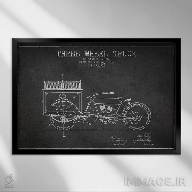 تابلو طرح ثبت اختراع کامیون سهچرخ، اثر William S. Harley (زغال) اثر پیکسل کهنه (استودیو/نام هنری) - نمای قابدار مشکی