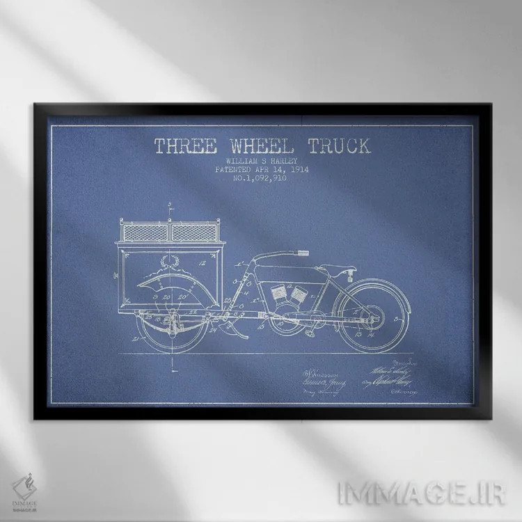 تابلو طرح ثبت اختراع کامیون سهچرخ، اثر William S. Harley (آبی روشن) اثر پیکسل کهنه (استودیو/نام هنری) - نمای قابدار مشکی