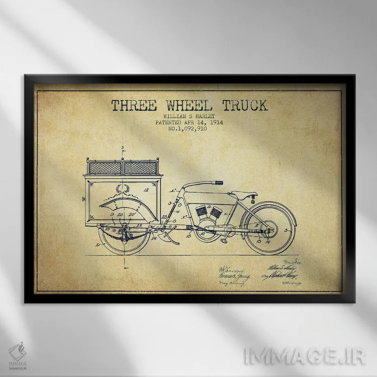 تابلو طرح ثبت اختراع کامیون سهچرخ، اثر William S. Harley (وینتیج/کلاسیک) اثر پیکسل کهنه (استودیو/نام هنری) - نمای قابدار مشکی