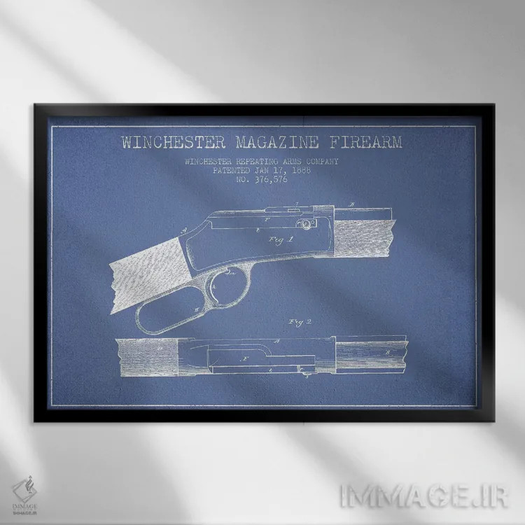 تابلو طرح ثبت اختراع اسلحه با خشاب ویندچستر، شرکت Winchester Repeating Arms (آبی روشن) II اثر پیکسل کهنه (استودیو/نام هنری) - نمای قابدار مشکی