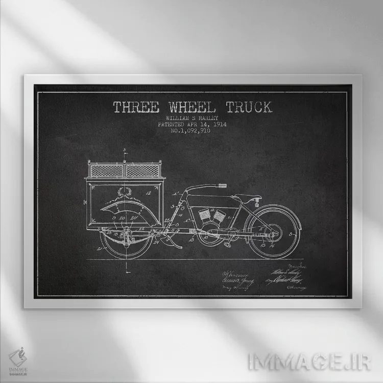 تابلو طرح ثبت اختراع کامیون سهچرخ، اثر William S. Harley (زغال) اثر پیکسل کهنه (استودیو/نام هنری) - نمای قابدار سفید