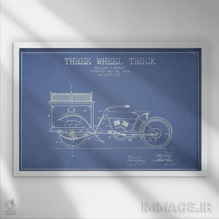 تابلو طرح ثبت اختراع کامیون سهچرخ، اثر William S. Harley (آبی روشن) اثر پیکسل کهنه (استودیو/نام هنری) - نمای قابدار سفید